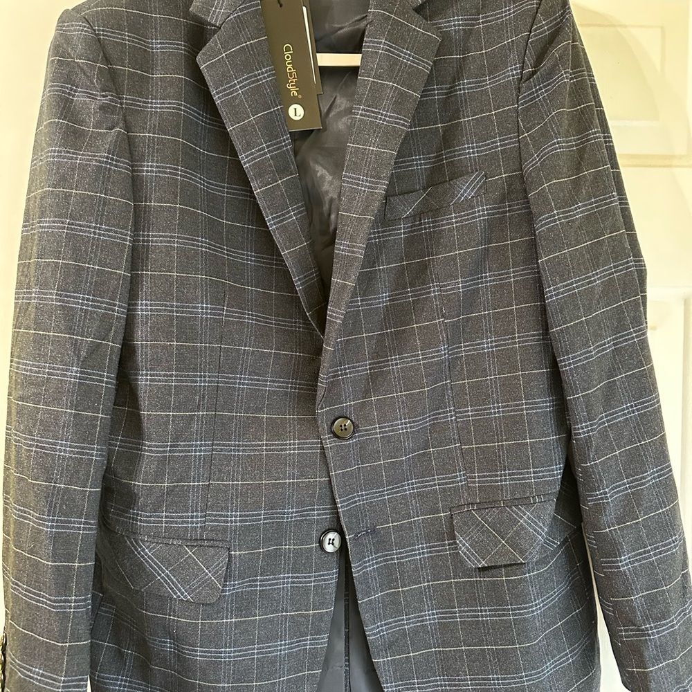 cloudstyle Men's Blazer Jacket L Gray Windowpane Plaid 2 Button‎ NWT